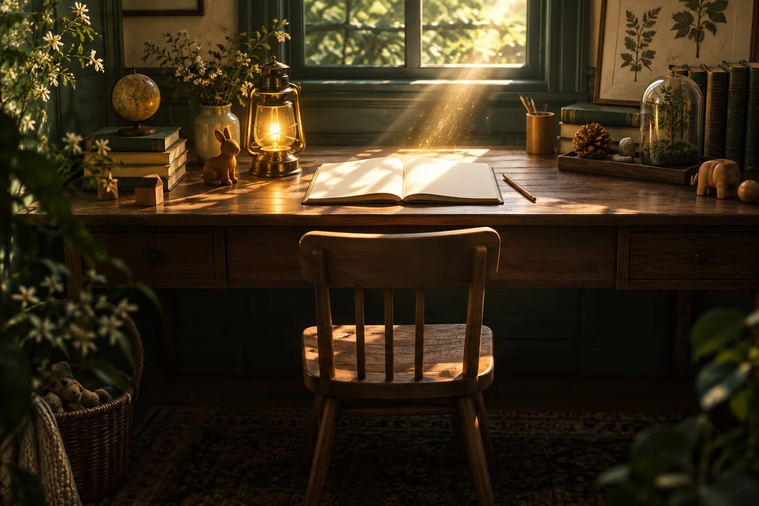 A warm desk with a lantern and an open notebook