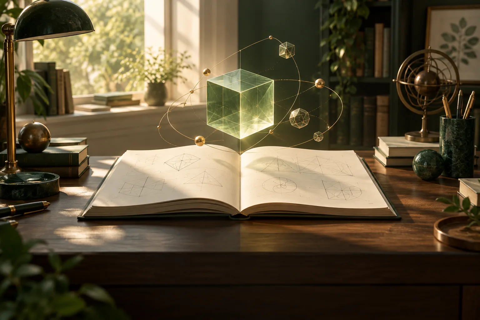 A sunlit learning desk with geometry emerging from a notebook